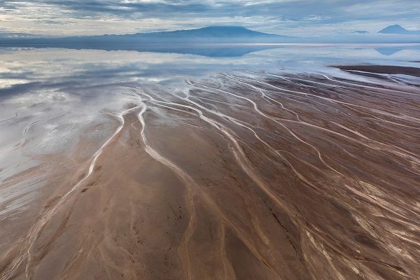 Africa-Tanzania-Aerial view of streams winding along shore and distant Ol Doinyo Lengai volcano